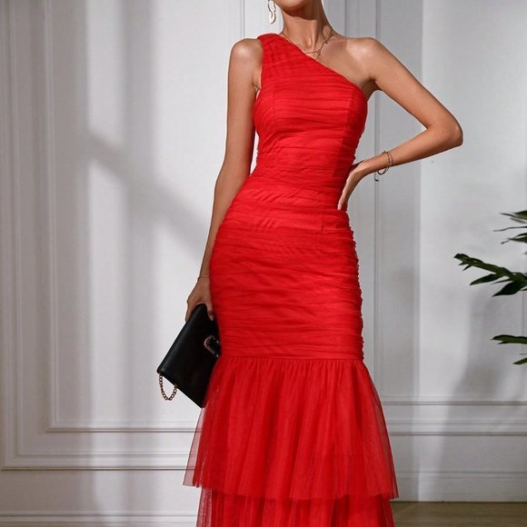 . Dresses & Skirts - Red Preppy Womens One Shoulder Ruched Mesh Overlay Mermaid Hem Dress